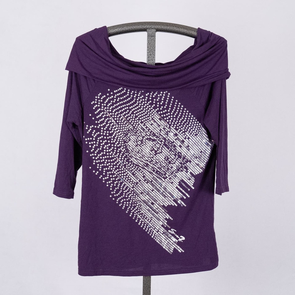 Seven 7 Luxe Women's 3/4 Sleeve Blouse w/ Sequins & Cut Out Purple Size 14/16